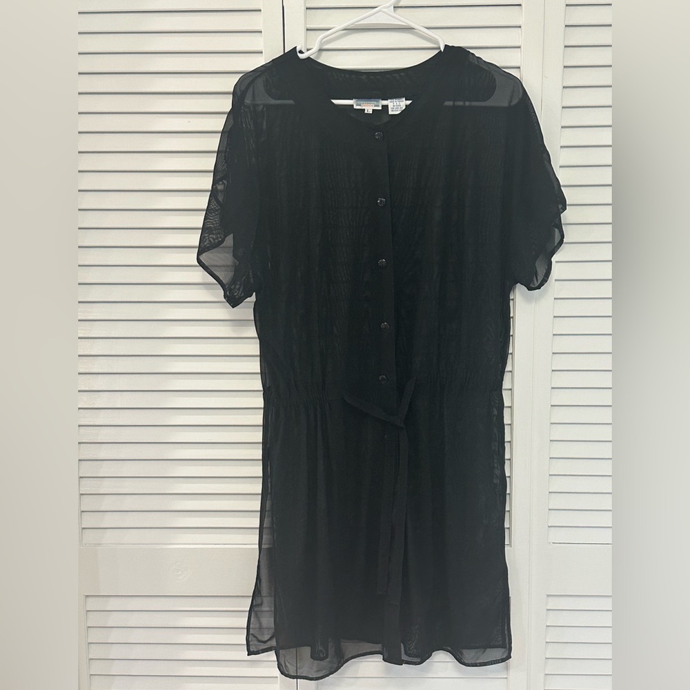 🐧3/$15 or 5/$20 - Westbound Beach Black Sheer Buttondown Coverup With Tie